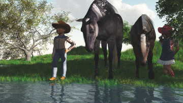 Картинка 3д+графика люди+ people мальчик лошади девочка деревья река
