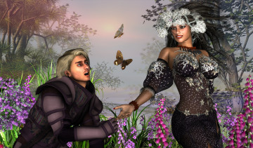 Картинка 3д+графика романтика+ romantics бабочки цветы мужчина фон взгляд девушка