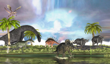 Картинка 3д+графика животные+ animals трава дракон динозавры