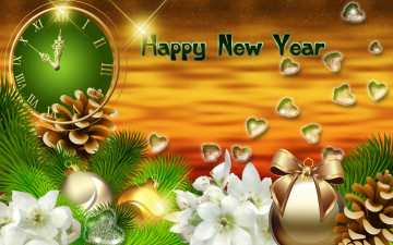 Картинка праздничные векторная+графика+ новый+год сердечки шишки часы шары цветы