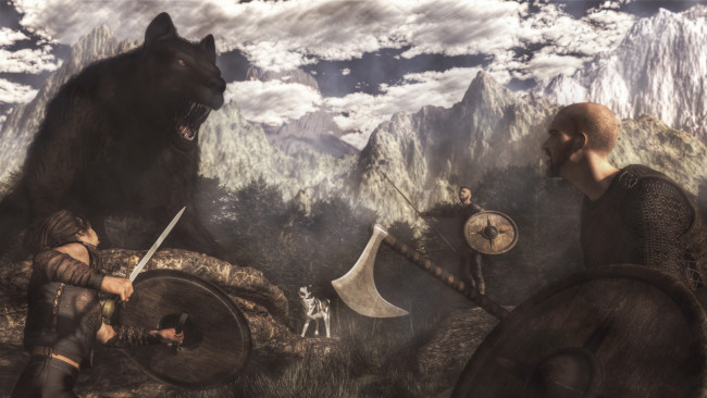 Обои картинки фото 3д графика, люди , people, горы, медведь, собака, оружие, охотники, люди, облака