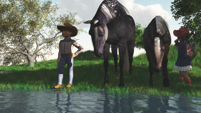 Обои картинки фото 3д графика, люди , people, мальчик, лошади, девочка, деревья, река