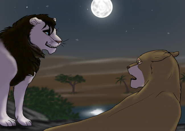 Обои картинки фото рисованное, животные,  львы, львы, луна, ночь