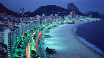 обоя города, рио-де-жанейро , бразилия, берег, огни, ночь, транспорт, дорога, пляж, здания, дома, море, рио