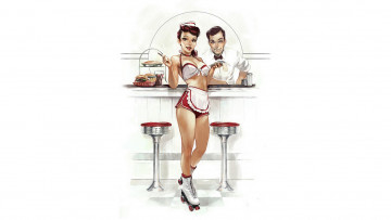 Картинка рисованное люди взгляд бар мужчина девушка официантка