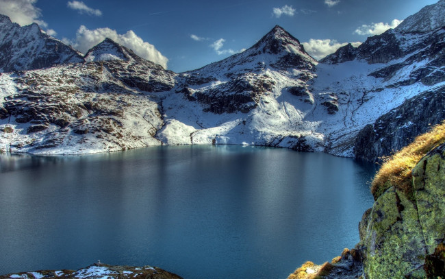 Обои картинки фото природа, горы, зима, снег, озеро, скалы
