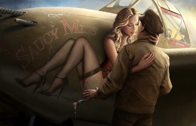 Обои картинки фото рисованное, люди, поцелуй, фон, девушка, самолет