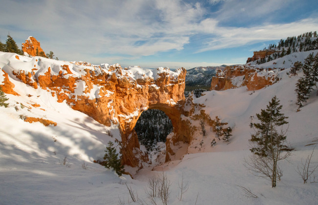 Обои картинки фото природа, горы, снег, каньон, деревья, зима, арка, скалы, небо