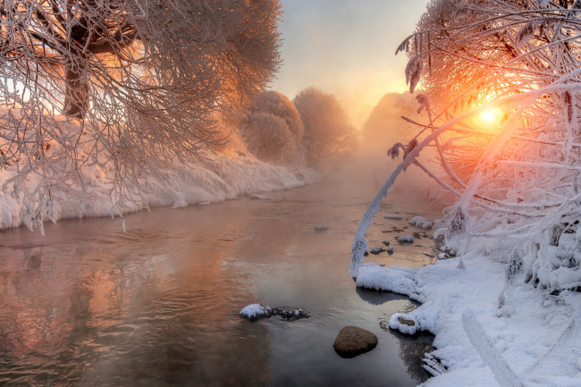 Обои картинки фото природа, реки, озера, снег, река, лес, утро, иней