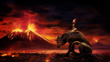 Картинка фэнтези иные+миры +иные+времена девушка фон существо вулкан