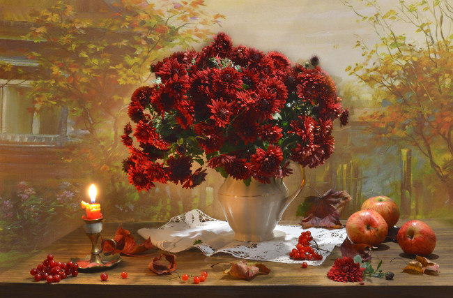 Обои картинки фото еда, натюрморт, свеча, яблоки, рябина, хризантемы