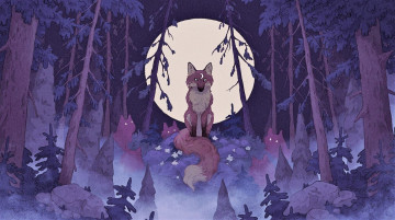 Картинка рисованное животные +лисы лес луна лисы