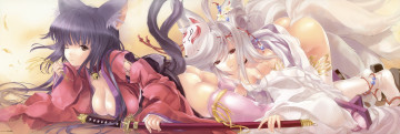 Картинка аниме animals девушки хвост ушки лиса катана меч маска кимоно цветы лента колокольчик