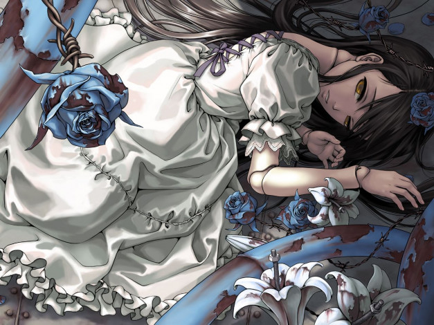 Обои картинки фото аниме, *unknown, другое, девушка, розы, синие, цветы, шипы, проволока, колючая, кровь