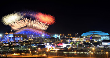 Картинка спорт стадионы фейерверк салют огни иллюминация город открытие сочи олимпиада праздник