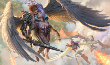 Картинка фэнтези ангелы парень девушки в небе дракон крылья