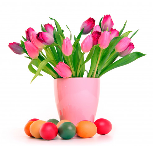 Обои картинки фото праздничные, пасха, крашенки, тюльпаны, ваза