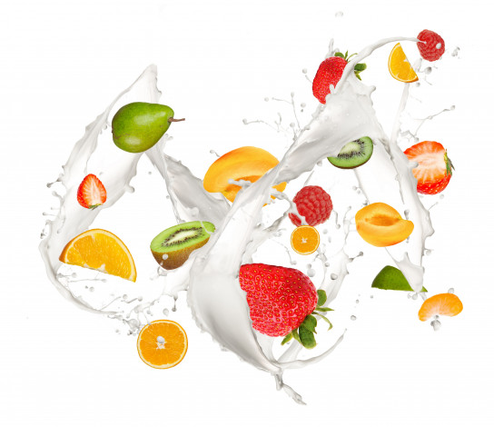 Обои картинки фото еда, фрукты,  ягоды, брызги, капли, молоко, strawberry, lemon, kiwi, raspberry, fruits, spray, fresh, свежесть, apricot, pear, mandarin, milk, drops, киви, лимон, всплеск, груша, мандарины, абрикос, клубника, малина