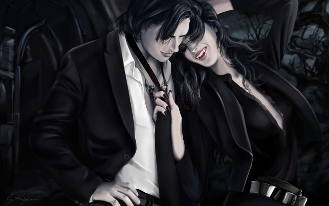 Обои картинки фото фэнтези, вампиры, галстук, пиджак, улыбка, клыки, парень, девушка