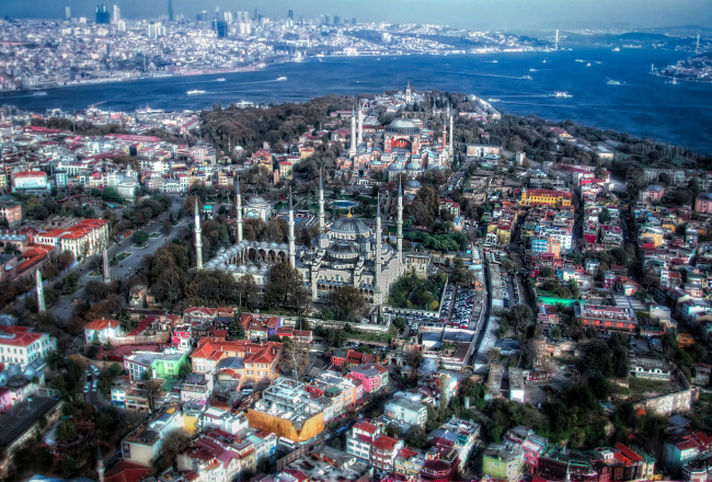 Обои картинки фото istanbul,  turkey, города, стамбул , турция, turkey, стамбул, blue, mosque, sultan, ahmed, hdr, голубая, мечеть, султанахмет, панорама