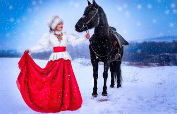 Картинка девушки -unsort+ блондинки наряд шапка меха девушка лошадь зима