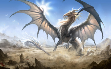 Картинка фэнтези драконы дракон белый крылья на взлёте другой мир