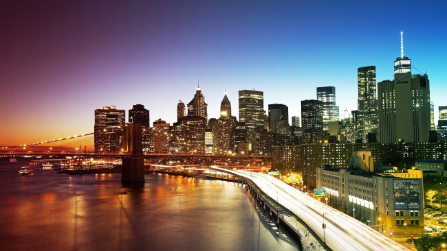 Обои картинки фото города, нью-йорк , сша, бруклинский, мост, и, огни, ночного, нью, -йорк