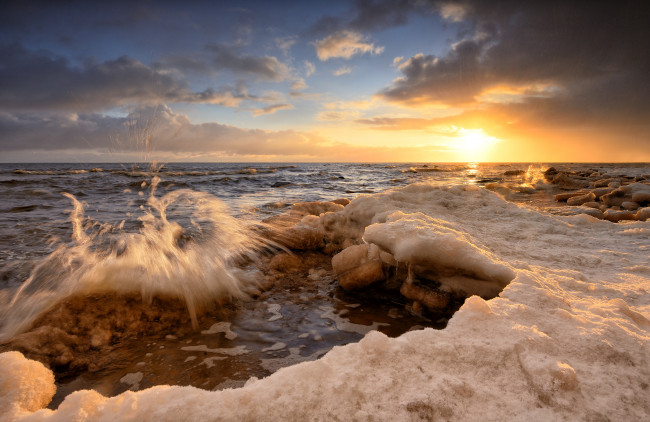 Обои картинки фото природа, побережье, прибой, море, рассвет, зима, лёд, алексей, мельситов