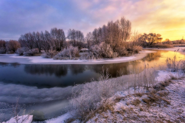 Обои картинки фото природа, реки, озера, река, закат, зима