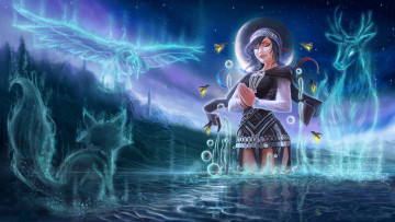 Картинка фэнтези маги +волшебники девушка фон вода медитация звери птица