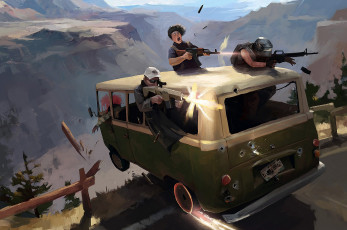 Картинка рисованное люди машина бандиты оружие перестрелка пропасть
