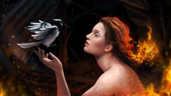 Обои картинки фото фэнтези, девушки, девушка, фон, птица, огонь