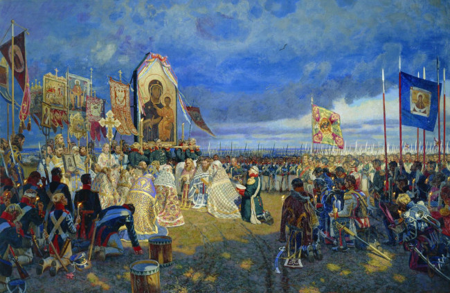 Обои картинки фото молебен на бородинском поле,  максим фаюстов, рисованное, живопись, люди, священники, войско, хоругви, молитва