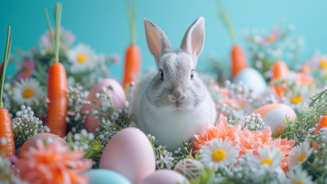 обоя праздничные, пасха, яйца, кролик, морковь