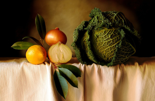 Обои картинки фото еда, фрукты, овощи, вместе, лук, савойская, капуста, лимон