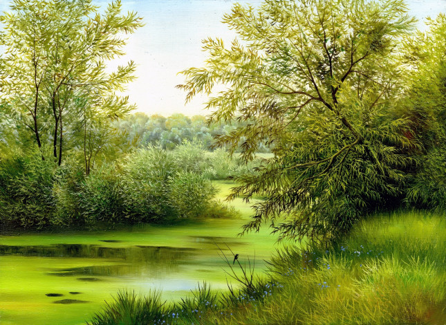 Обои картинки фото рисованные, природа, кусты, трава, река