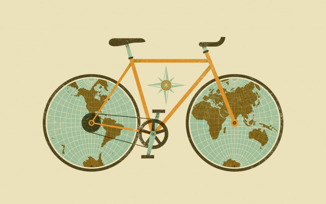 Обои картинки фото рисованные, минимализм, глобус, велосипед