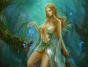 обоя фэнтези, эльфы, девушка, магия, деревья, арт, лес, грудь, эльфийка