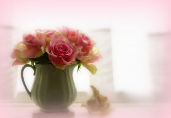 Картинка цветы розы нежность кувшин размытость розовые