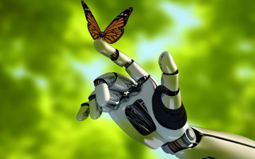 Картинка 3д+графика _science+fiction механизм андроид робот technology природа контакт бабочка рука android robot