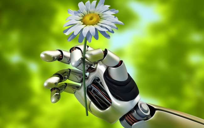 Обои картинки фото 3д графика, _science fiction, жест, держит, ромашку, рука, природа, лето, robot, механизм, андроид, android, робот, technology