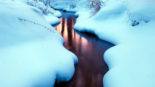 Обои картинки фото природа, реки, озера, кусты, ручей, снег