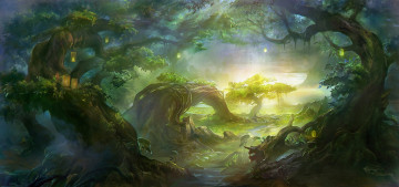Картинка фэнтези пейзажи сказка лес фонари дорога деревья зелень солнце
