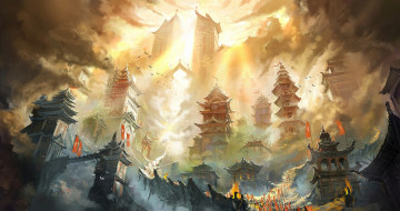 Картинка фэнтези иные+миры +иные+времена горы огонь китай небоскрёбы город поднебесная