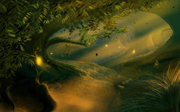 Картинка фэнтези иные+миры +иные+времена лес сказка волшебный сказочный деревья трава качели