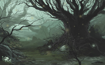 Картинка фэнтези пейзажи лес дерево сказка чаща туман