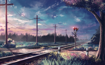 Картинка рисованное природа небо облака провода столбы железная дорога лес