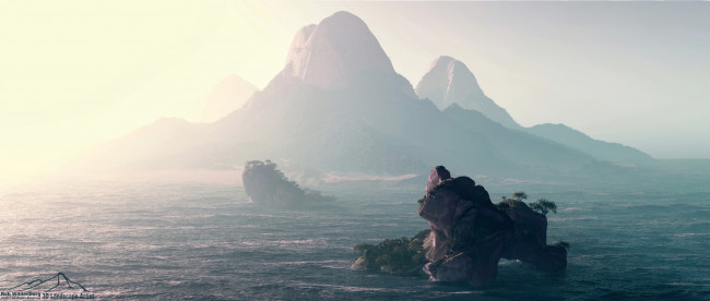 Обои картинки фото 3д графика, природа , nature, море, туман, горы