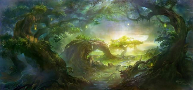 Обои картинки фото фэнтези, пейзажи, сказка, лес, фонари, дорога, деревья, зелень, солнце