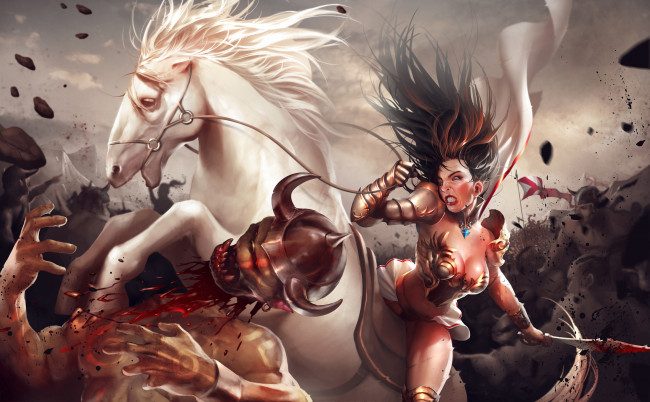 Обои картинки фото фэнтези, девушки, конь, мужчина, девушка, меч, фон, битва